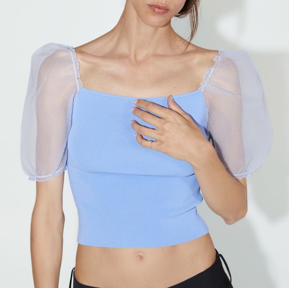 Zara Blue Puff Sleeve Knit Top